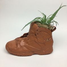 a brown shoe with a plant growing out of it