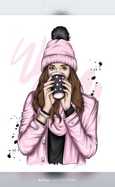 a girl in a pink jacket is drinking from a cup and holding her hands up to her face