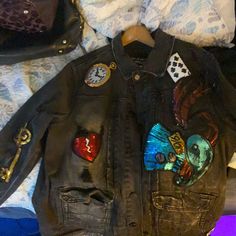 In Excellent Shape Or Three Times Black Jean Jacket, Sequin Patch, Black Jean, Jean Jackets, Jean Coat, Alice In Wonderland, Jean Jacket, Sequin, Jackets & Coats