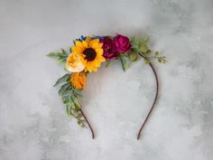 "Absolutely gorgeous flower headband from our new collection \"Summer Sunset\". You'll fall in love with beautiful tones of pink, burgundy, blue, yellow, orange and green. Thanks to the use of artificial flowers and leaves, the crown is durable. Our lovely headband will be a keepsake for many years to come. This headband is more beautiful than the pictures. It is a special touch to your bohemian look! Head circumference: one size fits all (adjustable)/ fits adults and older children The price is Flower Girl Hair Piece, Flower Girl Headbands, Flower Girl Hairstyles, Floral Headpiece, Sunflower Wedding, Flower Headband, Girls Headbands, Floral Crown, Flowers And Leaves