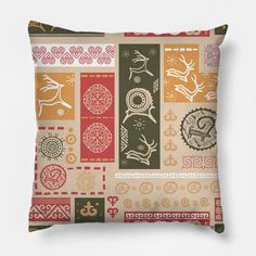 a decorative pillow with different designs on the front and back, featuring deers in various colors