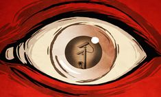 an eye looking into the distance with a red background