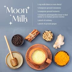 ingredients for moon milk laid out on a blue surface with the words'moon milk'above them