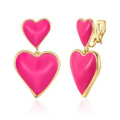 PRICES MAY VARY. Hot Pink Heart Clip Earrings for Women: WOWORAMA pink heart clip on earrings are trendy and stylish, featuring the double connected glossy hot pink heart, that's pair well with other jewelry to add infinite brilliance to you. Lightweight Heart Clip On Earrings: WOWORAMA double pink heart clip earrings measure about 1.5 inches in length and weigh about 0.2oz each, which is comfortable to wear whether your ears are pierced or not. Non-Pierced Pink Heart Drop Earrings: The top of t Hot Pink Heart, Pink Heart Earrings, Heart Clip, Gold Clips, Heart Drop Earrings, Big Earrings, Jewelry For Her, Clip Earrings, Pink Love