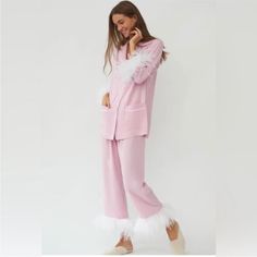 Worn Once For A Bach Super Comfy It's Xs But They Fit More Like A Small Small Face Makeup Stain On Front, Just Needs Dry Cleaning Ready For Their New Home! No Offers Please This Is As Low As I Will Go Small Face Makeup, Pink Pajama, Luxury Loungewear, Small Face, Pink Pajamas, Loungewear Luxury, Pink Parties, Pj Sets, Ladies Party