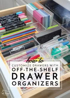 the drawers are organized with markers, pencils and other crafting supplies to keep them organized