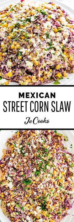 mexican street corn slaw on a platter with the title above it in two separate images