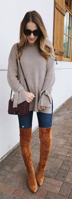 #fall #outfits beige sweater long brown boots Brown Thigh High Boots, Long Brown Boots, Stylish Fall Outfits, It's Cold, Fall 2017