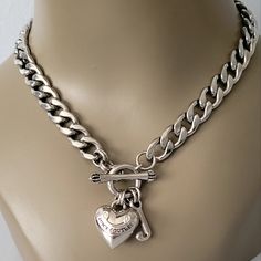 Juicy Couture Banner Puffy Heart J Toggle Choker Silvertone Authentic 16" Chain 1.25" Heart&J Charms Drop Toggle Closure Mint Condition Thick Chain Necklace For Women, 2000s Jewelry, Thick Chain Necklace, Fancy Necklace, Juicy Couture Jewelry, Couture Jewelry, Puffy Heart, Necklace For Women, Juicy Couture