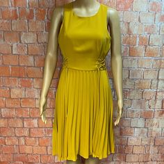 Lucy Paris Mustard Yellow Dress Sleeveless Back Zipper Pleated Skirt Lacing At Sides Of Waist Fully Lined Machine Washable Size Xs 18” Armpit To Armpit 23.5” Side To Side At Waist 37” Long New With Tags Never Worn! 13 Marigold Yellow Pleated Midi Dress For Spring, Chic Yellow Lined Midi Dress, Mustard Sleeveless Midi Dress For Party, Elegant Yellow Lined Midi Dress, Chic Yellow Sleeveless Dress For Spring, Yellow Lined Fitted Midi Dress, Sleeveless Mustard Dress For Party, Fitted Yellow Midi Dress, Yellow Lined Midi Dress