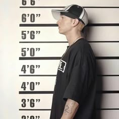 a man in a black shirt and hat standing next to a wall with mugs on it