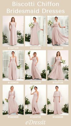 the bridesmaid dresses are all in different styles and colors, but not very long