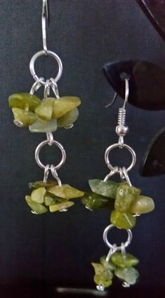 "Hand crafted genuine Nephrite Jade natural gemstone earrings complete with silver plated fidnings, lovingly made for you or someone special.  The earring drop is just over 1 1/2\" long." Gemstone Chip Earrings, Green Jade Earrings For Healing, Gemstone Chips Jewelry, Nature Earrings, Nephrite Jade, Long Drop Earrings, Handmade Wire Jewelry, Genuine Turquoise, Drop Necklace