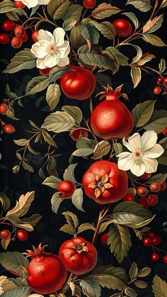 a painting of pomegranates, leaves and flowers on a black background