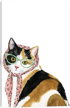 a painting of a cat wearing glasses and a scarf