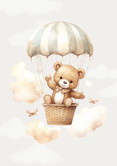 a brown teddy bear sitting in a basket flying through the sky with a parachute above it