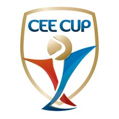 the cee cup logo is shown in blue, red and gold colors on a white background