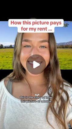 a woman with long hair is smiling and has an ad on her face that says how this picture pays for my rent