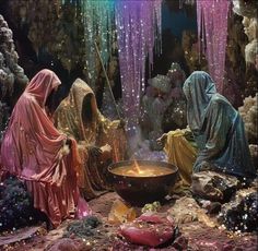 three women dressed in colorful robes sitting around a fire pit with beads hanging from the ceiling