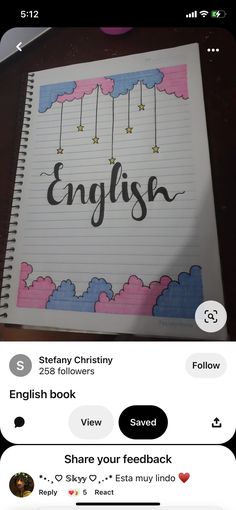 an open notebook with the words english on it