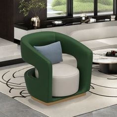 a modern living room with green and white furniture