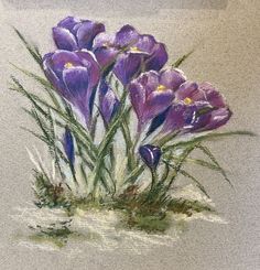 a painting of purple flowers with green stems