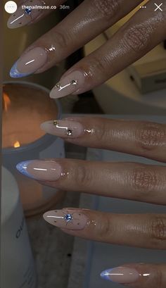 Coquet Nails, Aura Nail Designs Almond, Xs Almond Nails, Nails For Moms, Simple Summer Nails Almond, Acrylic Nails With Gems, Ethereal Nails, Dainty Nails, Detailed Nails