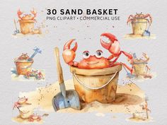 watercolor crab in a bucket with shovels and sand