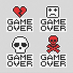 four pixel style stickers with the words game over and an image of a skull