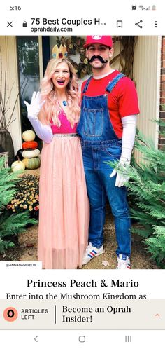 a man and woman dressed up as princess peach and mario in front of a house