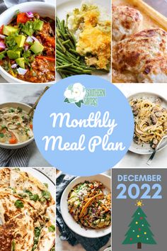 the month's meal plan with images of different dishes, including meats and vegetables