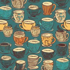 a bunch of cups that are sitting in the middle of a pattern on a blue background