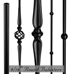 black wrought iron railings with round balusters on the top and bottom posts