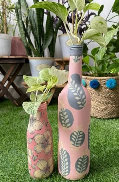 two vases with plants in them sitting on the grass next to some potted plants