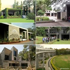 four different pictures of people walking in and out of an office building with plants growing on the outside