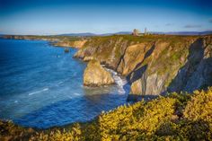 the ocean is blue and green with cliffs on both sides that are surrounded by grass