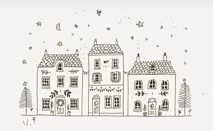 a black and white drawing of two houses with stars on the roof, one in the foreground