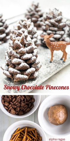 Edible Chocolate Pinecones are such a holiday delight! This no bake dessert recipe can be made ahead and only takes 30 minutes to create. A creamy center made of peanut butter and chocolate spread and would you believe the outside is made of cereal?! Imagine these on your Christmas dessert board or bringing them to your holiday party! Dessert To Bring To Christmas Party, Edible Chocolate Pinecones, 30 No Bake Christmas Recipes, Chocolate Pinecones Recipes, Edible Pinecones Recipe, Edible Pinecones, Christmas Dessert Board, Chocolate Pinecones, Christmas Desserts Recipes