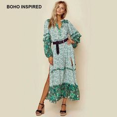 Bohemian Green Floral Print Long Frills Sleeve Button Down V-Neck Slit Sides Loose Maxi Dress California Girl Style, Boho Queen, Shirts And Pants, Eclectic Clothing, Shorts Crochet, Classic Denim Shorts