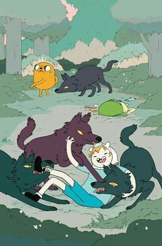 several cartoon characters are playing with each other in the woods, and one person is sitting on the ground