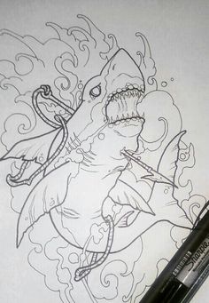 Shark Japanese Tattoo, Neo Traditional Shark, Ocean Theme Tattoos, Tattoo Animals, Pirate Tattoo, Cool Tattoo Drawings, Mexican Culture Art