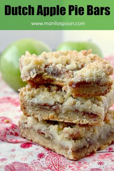 three pieces of apple pie bars stacked on top of each other