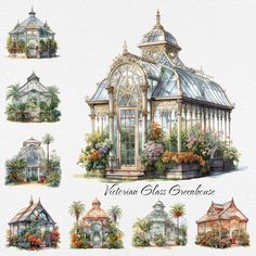 watercolor painting of victorian glass greenhouses