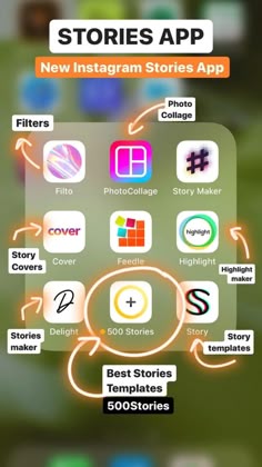 an iphone screen with the text stories app on it and several icons in different colors