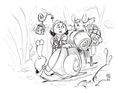 a black and white drawing of two people on a scooter in the woods