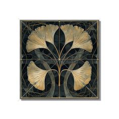 an art nouveau design with gold flowers on black and green background, framed in metal