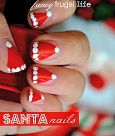 Great Christmas nail art! Love these Santa hat nails! See more party ideas at CatchMyParty.com! #christmas  #nailart #santa Christmas Hat Nails, Nail Art Blanc, Kids Santa Hat, Santa Hat Nails, Red And White Nails, Xmas Nail Art, Holiday Nails Christmas, Nails Easy