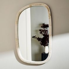 a mirror hanging on the wall next to a vase with a plant in it,