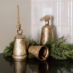 two bells sitting on top of a table next to evergreen branches and twine rope