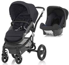 the baby stroller is black and grey